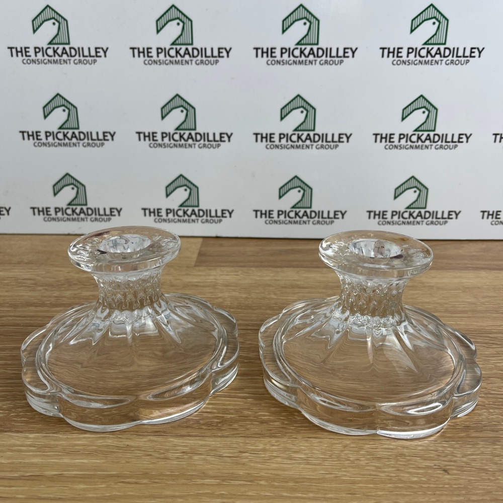 Vintage Clear Pressed Glass Scalloped Petal Taper Candlestick Holders Pair 3in